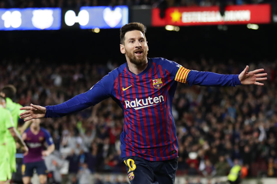 Barcelona forward Lionel Messi celebrates after scoring his side's opening goal during a Spanish La Liga soccer match between FC Barcelona and Levante at the Camp Nou stadium in Barcelona, Spain, Saturday, April 27, 2019. (AP Photo/Manu Fernandez)