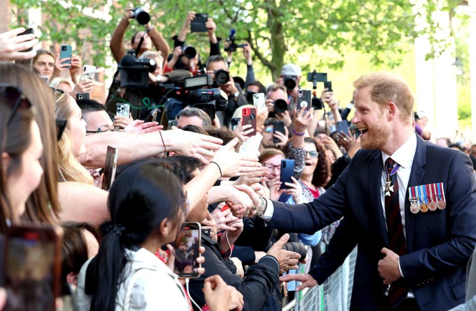 Prince Harry greeting a crowd of people, shaking one person's hand.