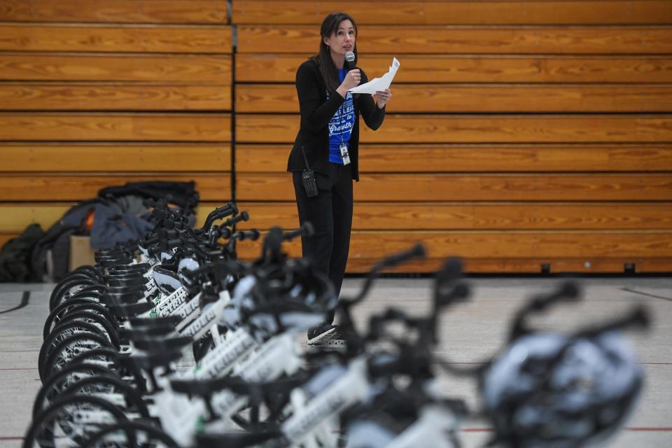 Principal Duin introduces the Strider bikes to the kindergarten classes on Thursday, Feb. 15, 2024 at Anne Sullivan Elementary in Sioux Falls.