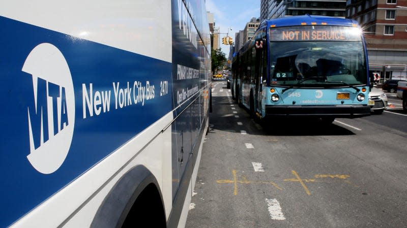 A not in service bus drives on August 15, 2022 in New York.