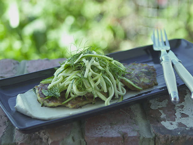 Zucchini fritters with spiced labneh and zucchini noodle salad