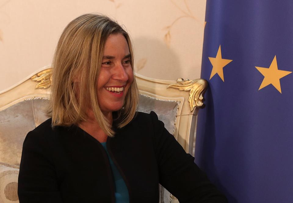 European Union foreign policy chief Federica Mogherini meets with Iraqi Foreign Minister Mohamed Alhakim at the Ministry of Foreign Affairs in Baghdad, Iraq, Saturday, July 13, 2019. (AP Photo/Hadi Mizban)