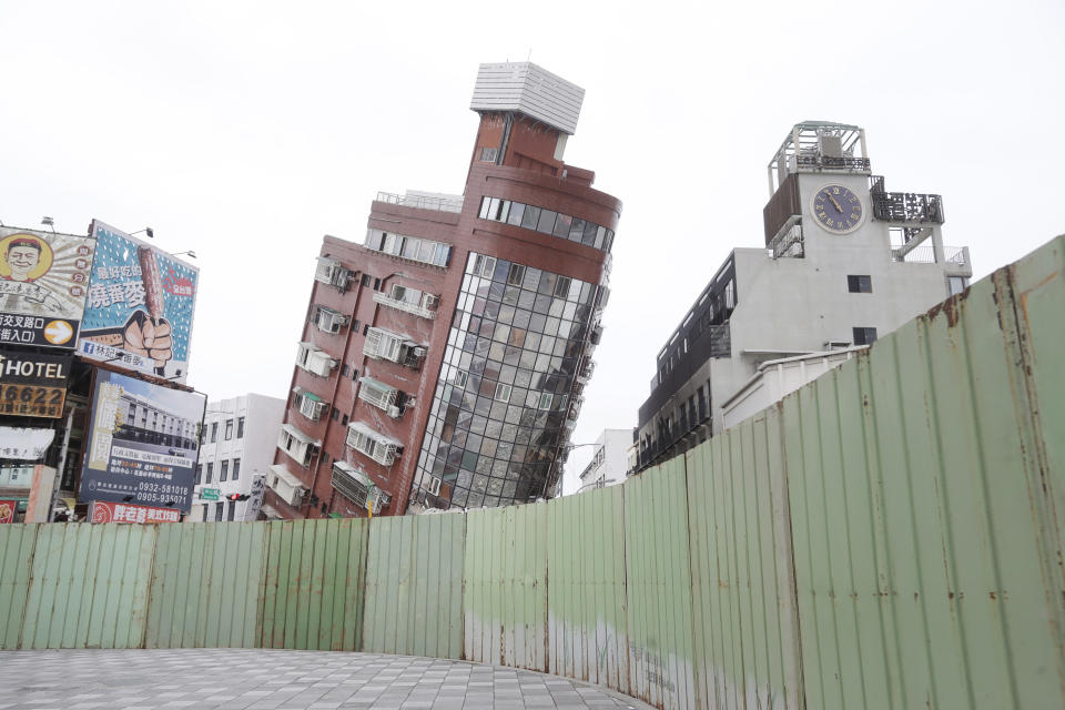 A building is seen partially collapsed, two days after a powerful earthquake struck the city, in Hualien City, eastern Taiwan, Friday, April 5, 2024. Rescuers searched Thursday for missing people and worked to reach hundreds stranded when Taiwan's strongest earthquake in 25 years sent boulders and mud tumbling down mountainsides, blocking roads. (AP Photo/Chiang Ying-ying)