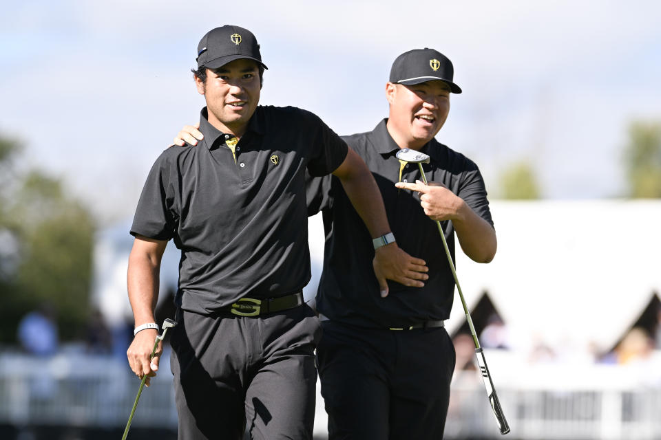 MONTREAL, QUEBEC - SEPTEMBER 27: Sungjae Im and Hideki Matsuyama of the International Team react to a birdie putt on the 10th green during Friday's Foursomes on the second day of the 2024 Presidents Cup at Royal Montreal Golf Club on September 27, 2024 in Montreal, Quebec. (Photo by Keyur Khamar/PGA TOUR via Getty Images)