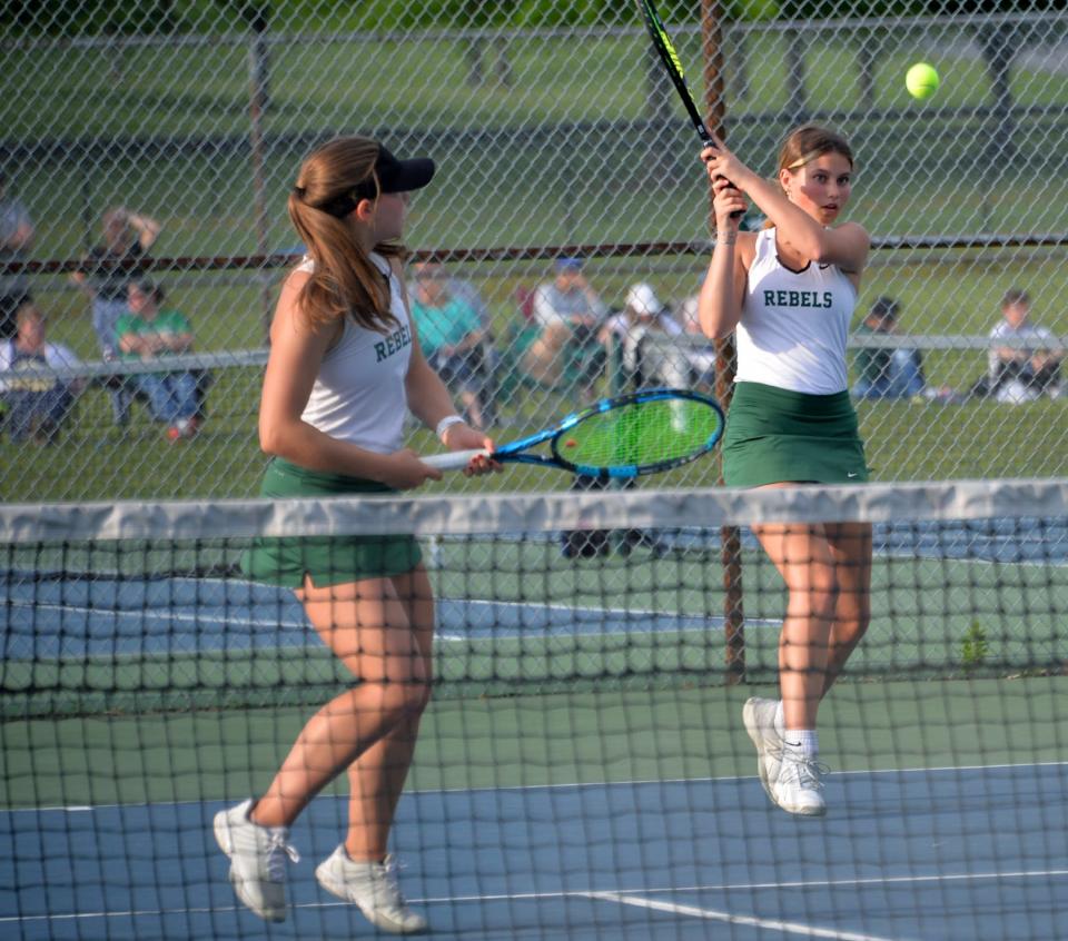 South Hagerstown's Mackenzie Fritz and Amanda Frushour won the girls doubles championship match against Williamsport's Chelsea Kreps and Grace Caudell during the Washington County Public Schools Tennis Tournament on Thursday at South.