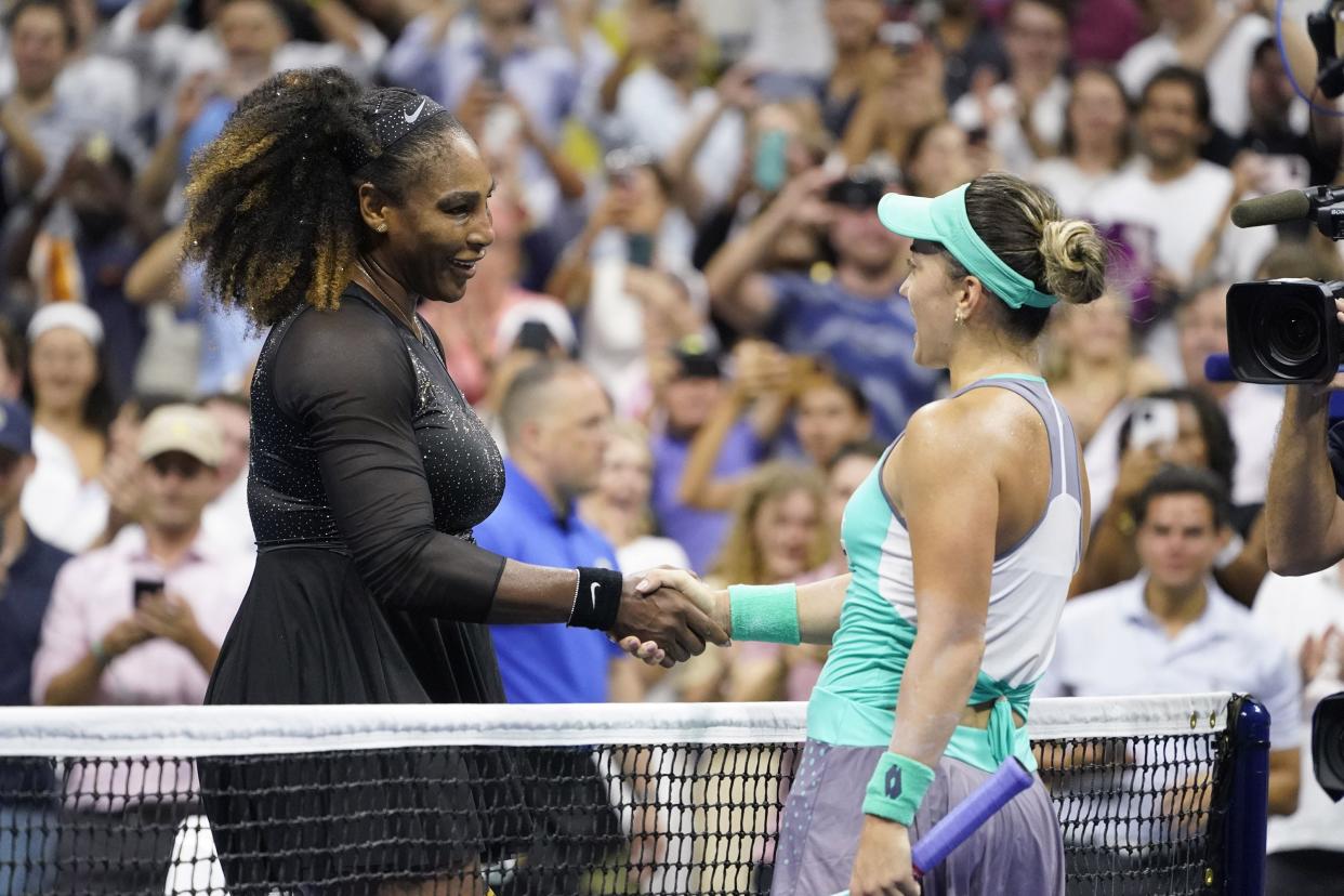 Serena Williams, of the United States, shakes hands with Danka Kovinic, of Montenegro, after their first round of the U.S. Open tennis championship on Monday, Aug. 29, 2022, in New York.