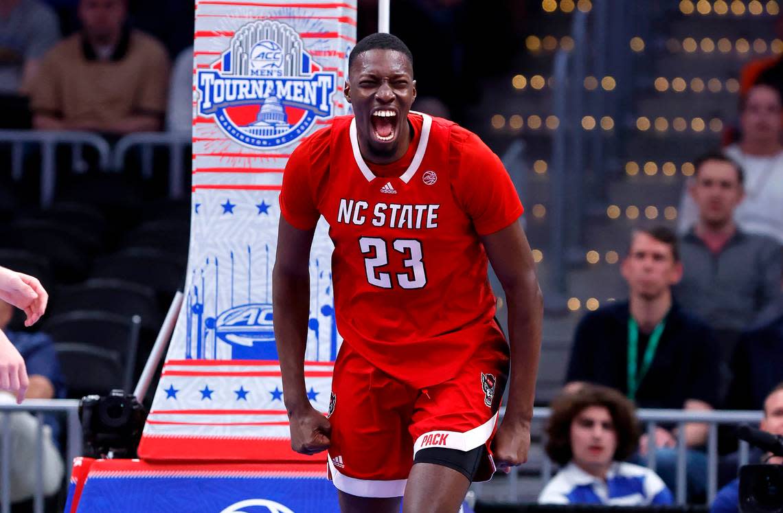 N.C. State’s Mohamed Diarra (23) celebrates after slamming in two during the first half of N.C. State’s game against Duke in the quarterfinal round of the 2024 ACC Men’s Basketball Tournament at Capital One Arena in Washington, D.C., Thursday, March 14, 2024.