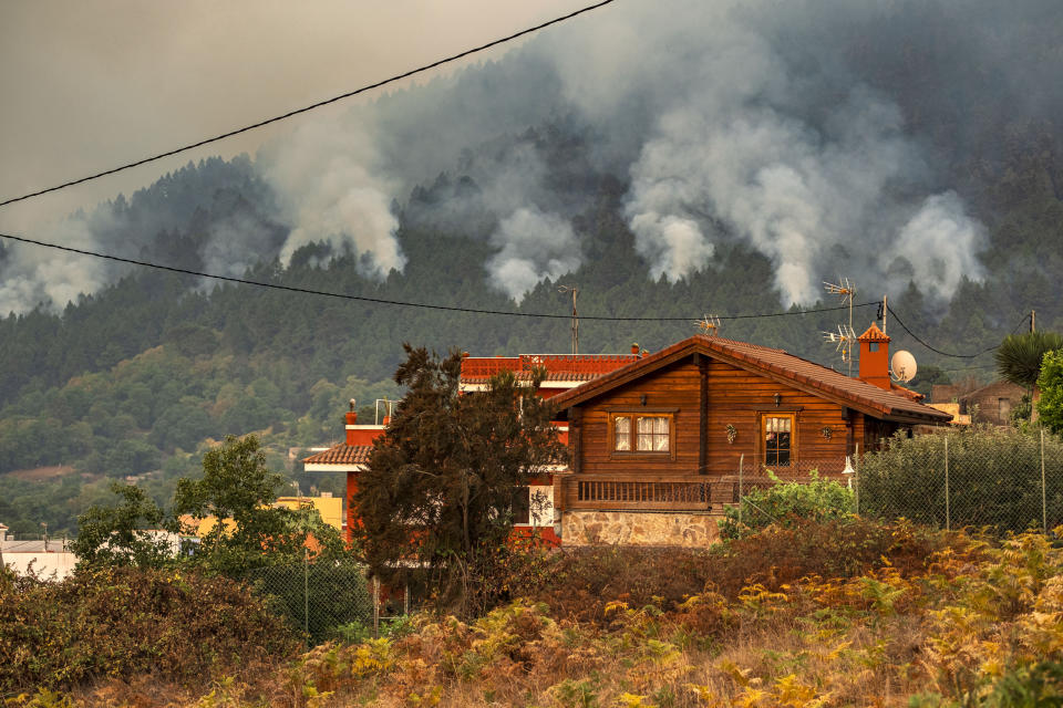 Fire advances through the forest in La Orotava in Tenerife, Canary Islands, Spain on Saturday, Aug. 19, 2023. Firefighters have battled through the night to try to bring under control the worst wildfire in decades on the Spanish Canary Island of Tenerife, a major tourist destination. The fire in the north of the island started Tuesday night and has forced the evacuation or confinement of nearly 8,000 people. Regional officials say Friday's efforts will be crucial in containing the fire. (AP Photo/Arturo Rodriguez)