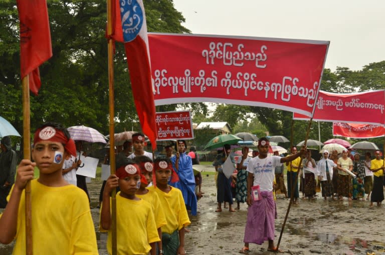 Myanmar Buddhist residents participate in an anti-Muslim demonstration in Sittwe, Rakhine State, on July 3, 2016