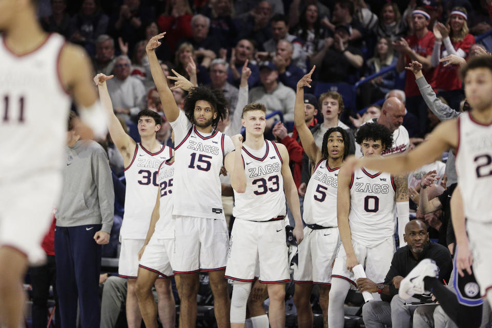 Gonzaga players celebrate during the second half of the team's NCAA college basketball game against BYU, Saturday, Feb. 11, 2023, in Spokane, Wash. Gonzaga won 88-81. (AP Photo/Young Kwak)