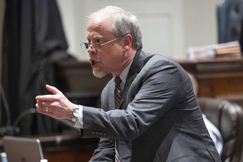 Prosecutor Creighton Waters delivers his opening statement in Alex Murdaugh's double murder trial at the Colleton County Courthouse in Walterboro, S.C, Wednesday, Jan. 25, 2023. (Joshua Boucher/The State via AP)