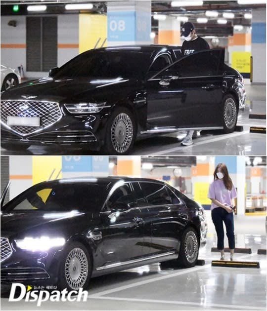 Lee Min Ho and Yeonwoo photographed by his car. (Photos: Dispatch)