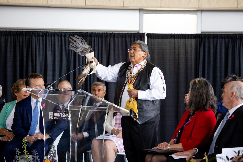 Rios Pacheco, of the Northwestern Band of the Shoshone Nation and Kewa Pueblo, gives an invocation prayer at the opening of the new Kathryn F. Kirk Center for Comprehensive Cancer Care and Women’s Cancers at Huntsman Cancer Institute in Salt Lake City on Monday, May 8, 2023. | Spenser Heaps, Deseret News