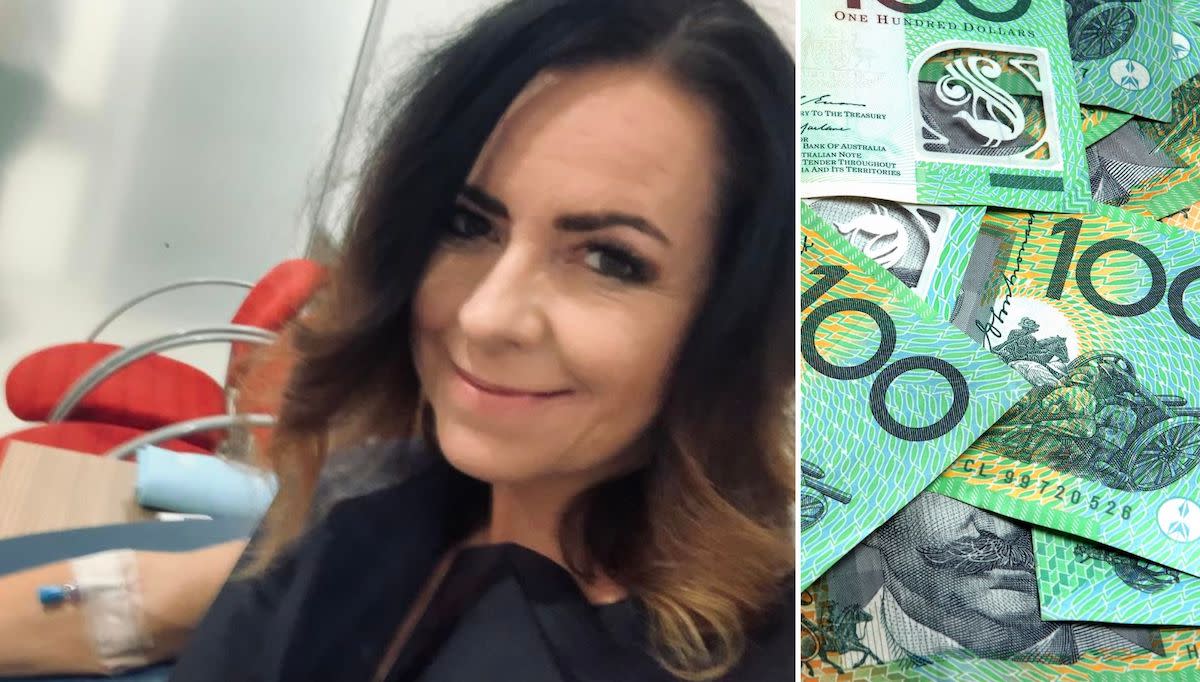 Compilation image of Nicole in hospital using private health insurance and pile of $100 notes