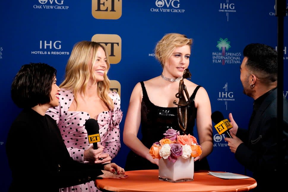 America Ferrera, Margot Robbie, and Greta Gerwig with ET's Denny Directo