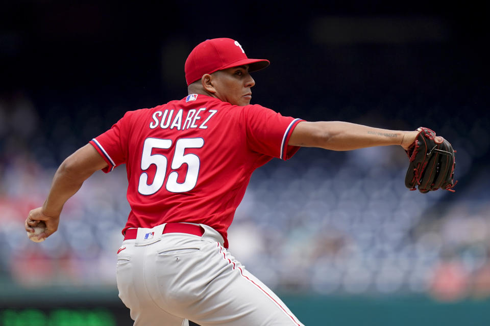 Philadelphia Phillies starting pitcher Ranger Suarez throws to the Washington Nationals in the first inning of the first game of a baseball doubleheader, Friday, June 17, 2022, in Washington. (AP Photo/Patrick Semansky)