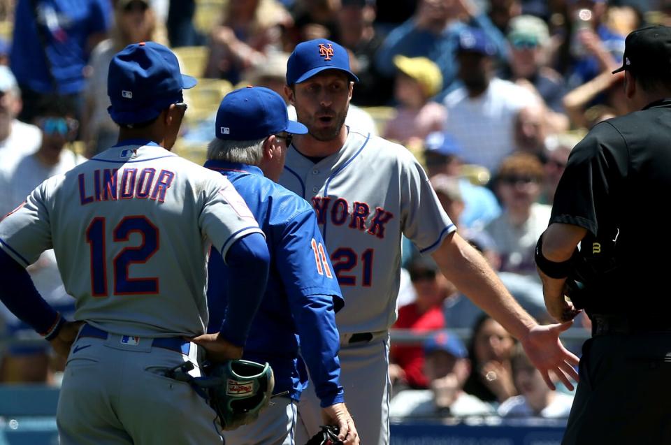 New York Mets starter Max Max Scherzer reacts after being ejected in the fourth inning of the game against the Dodgers.