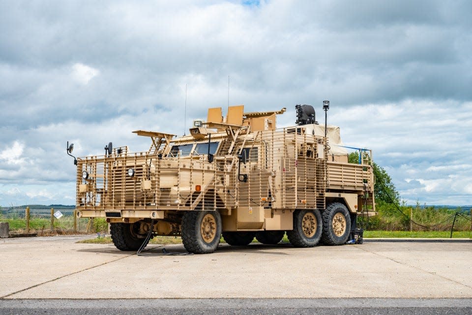 The laser system mounted onto a British Army Wolfhound armored vehicle in an undated handout.