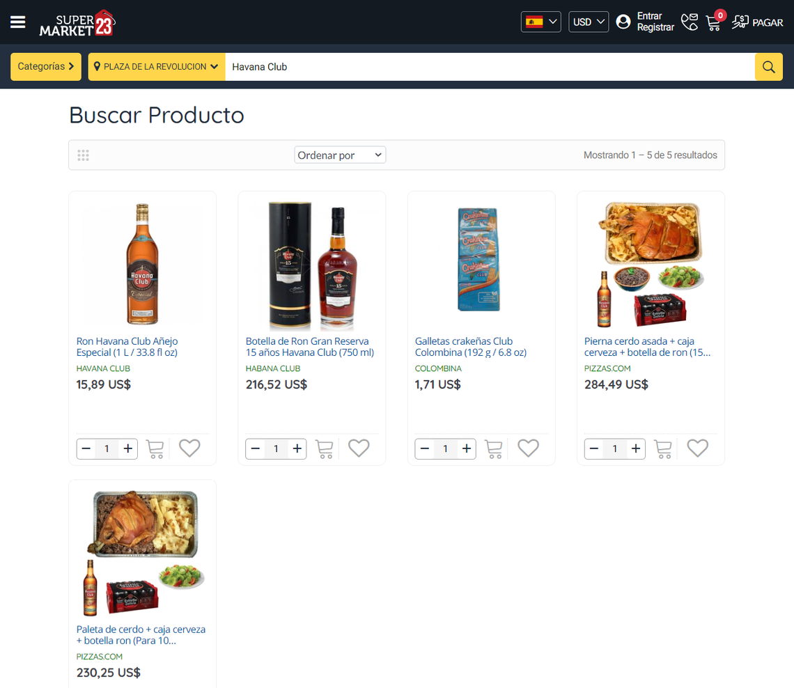 Screenshot of the website Supermarket23.com, offering Havana Club products.