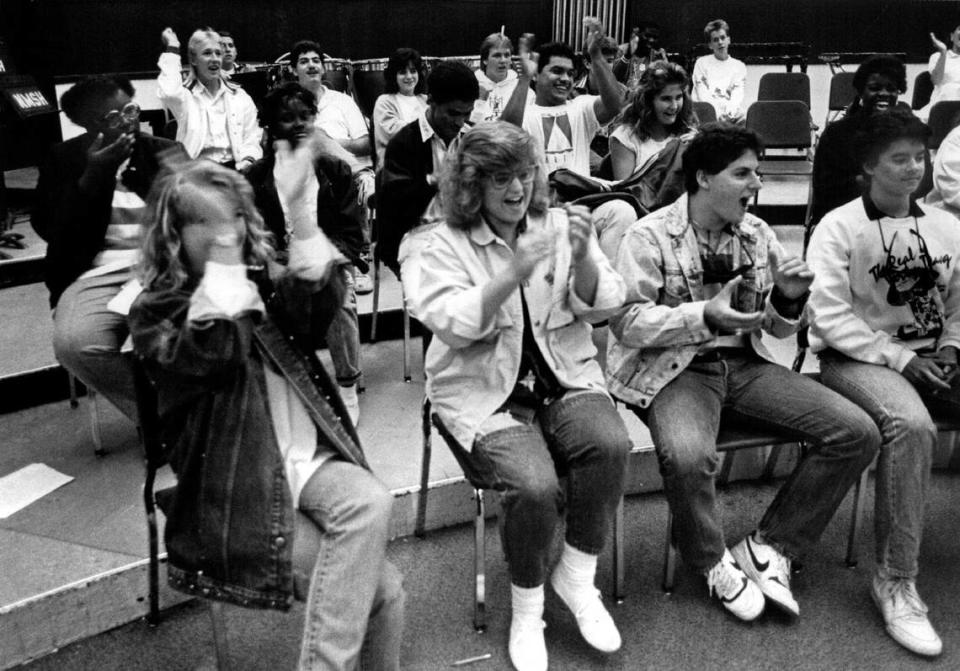 Band members at North Miami Senior High School celebrate after hearing that they made Orange Bowl. Jon Kral/Miami Herald File