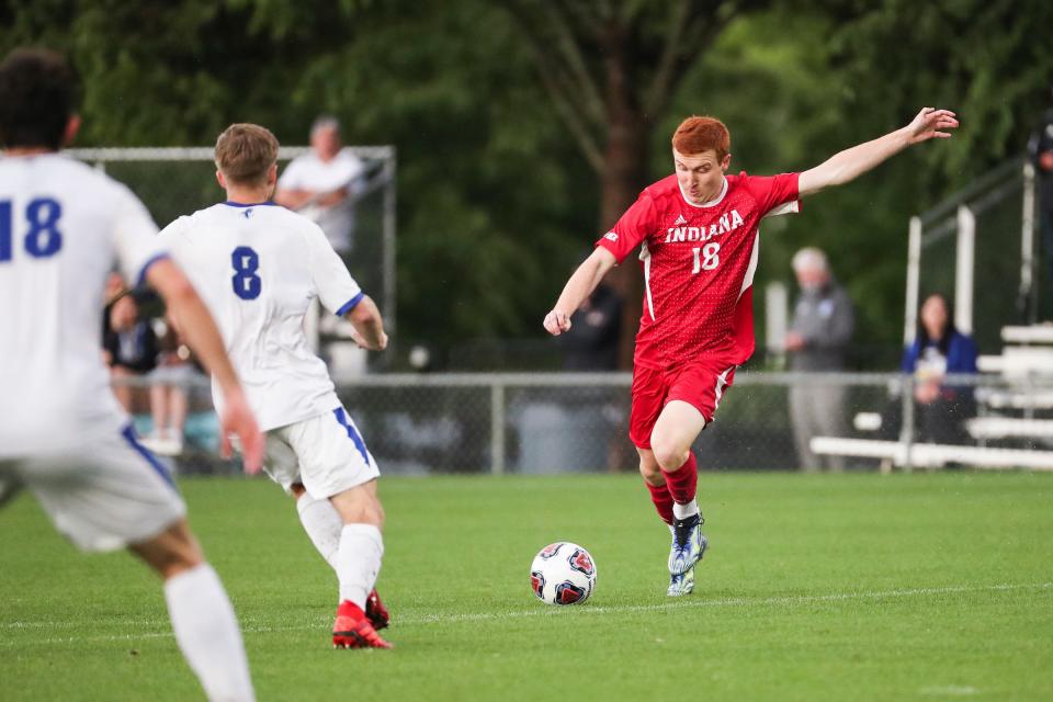 Indiana's Ryan Wittenbrink (18) attempts a shot during the first half of Monday's game at WakeMed Soccer Park in Cary, N.C. Wittenbrink scored the first goal in the Hoosiers' 2-0 win over Seton Hall. (Indiana University Athletics photo)