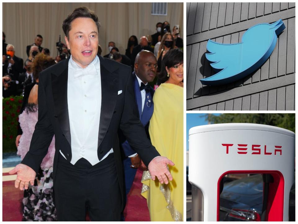 Elon Musk composite with Twitter and Tesla logos