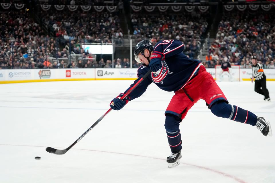 Oct 12, 2023; Columbus, Ohio, USA; Columbus Blue Jackets right wing Patrik Laine (29) fires a shot during the third period of the NHL hockey game against the Philadelphia Flyers at Nationwide Arena. The Blue Jackets lost 4-2.