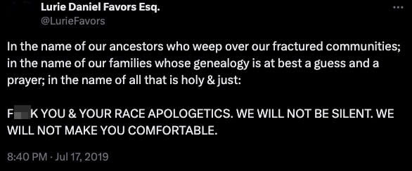 A post from Favors about “race apologetics” on X. X/@LurieFavors