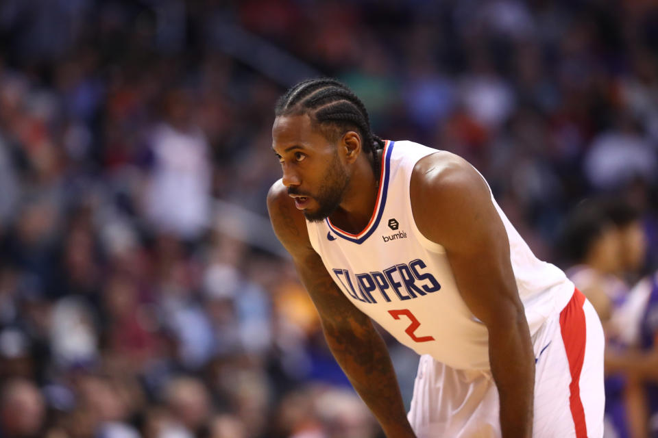 The NBA has fined the Los Angeles Clippers $50,000 over language used regarding Kawhi Leonard’s health status. (Mark J. Rebilas/USA Today Sports)