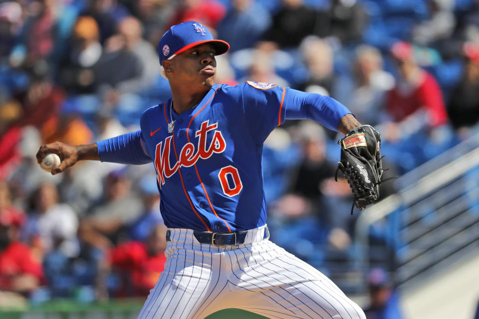 New York Mets pitcher Marcus Stroman throws during the first inning of a spring training baseball game against the St. Louis Cardinals Friday, Feb. 28, 2020, in Port St. Lucie, Fla. (AP Photo/Jeff Roberson)