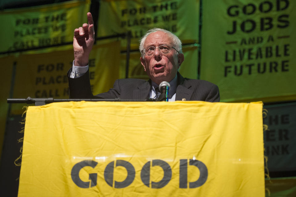 Democratic presidential candidate Sen. Bernie Sanders, I-Vt., addresses The Road to the Green New Deal Tour final event at Howard University in Washington, Monday, May 13, 2019. (AP Photo/Cliff Owen)