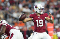 Arizona Cardinals quarterback Trace McSorley (19) throws a pass against the Cincinnati Bengals during an NFL football preseason game in Cincinnati, Friday, Aug. 12, 2022. (AP Photo/Jeff Dean)