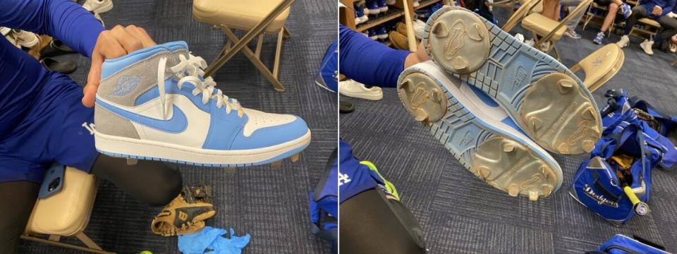 Top and bottom views of a pair of the custom cleats Dodgers shortstop Miguel Rojas plans to wear this season.