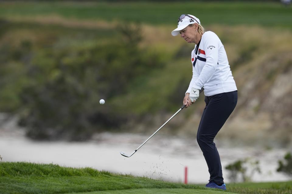 Annika Sorenstam, of Sweden, hits to the sixth green during a practice round for the U.S. Women's Open golf tournament at the Pebble Beach Golf Links, Wednesday, July 5, 2023, in Pebble Beach, Calif. (AP Photo/Darron Cummings)