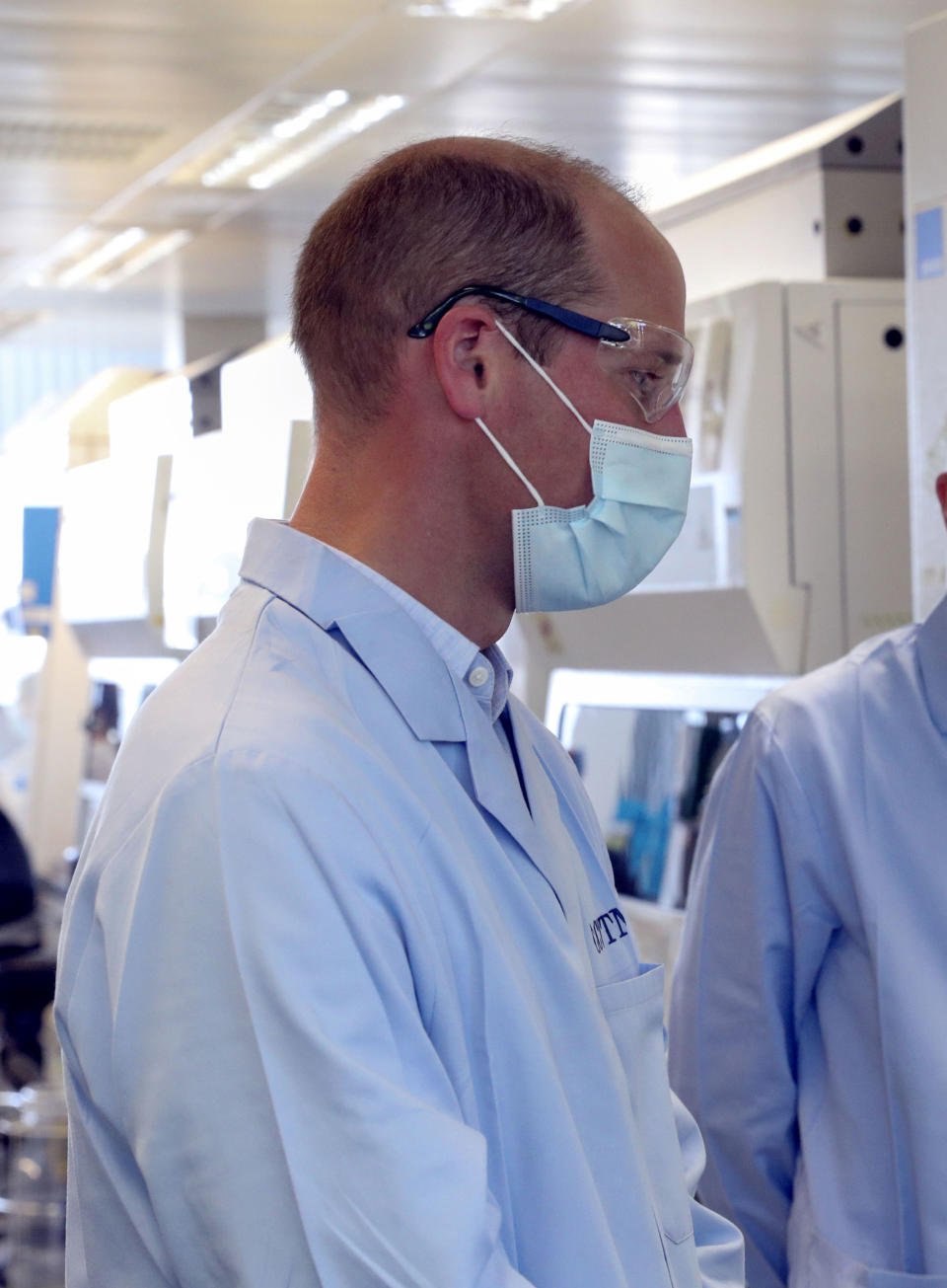 EMBARGOED: not for publication before 2200 BST Wednesday June 24, 2020. The Duke of Cambridge wears a mask during a visit to the manufacturing laboratory where a vaccine against COVID-19 has been produced at the Oxford Vaccine Group's facility at the Churchill Hospital in Oxford.