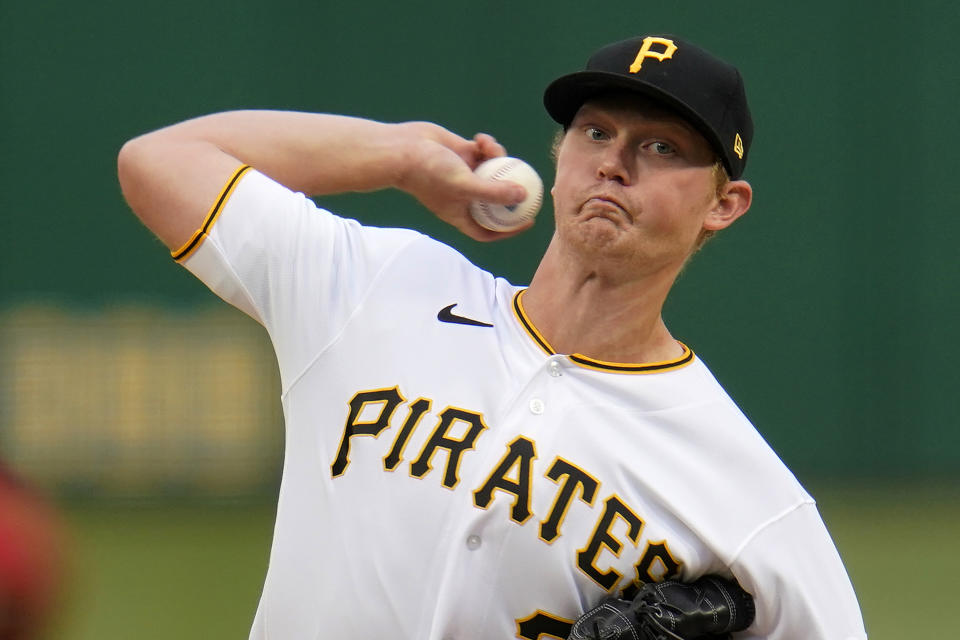 Pittsburgh Pirates starting pitcher Mitch Keller delivers during the second inning of the team's baseball game against the Chicago Cubs in Pittsburgh, Saturday, April 10, 2021. (AP Photo/Gene J. Puskar)