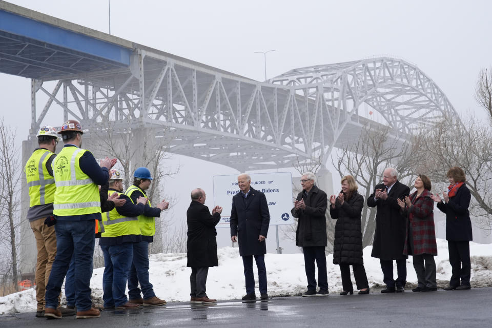 President Joe Biden speaks near the John A. Blatnik Bridge between Duluth, Minn., and Superior, Wis., Thursday, Jan. 25, 2024, in Superior, Wis. Biden is returning to the swing state of Wisconsin to announce $5 billion in federal funding for upgrading the Blatnik Bridge and for dozens of similar infrastructure projects nationwide. (AP Photo/Alex Brandon)