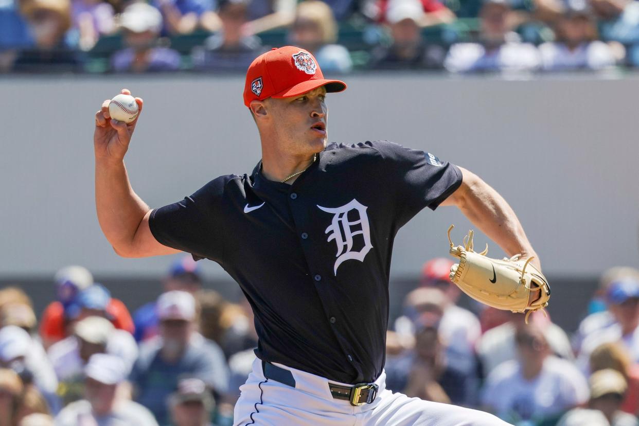 Detroit Tigers starting pitcher Matt Manning (25) pitches during the first inning against the New York Mets at Publix Field at Joker Marchant Stadium on Thursday, March 21, 2024, in Lakeland, Florida.