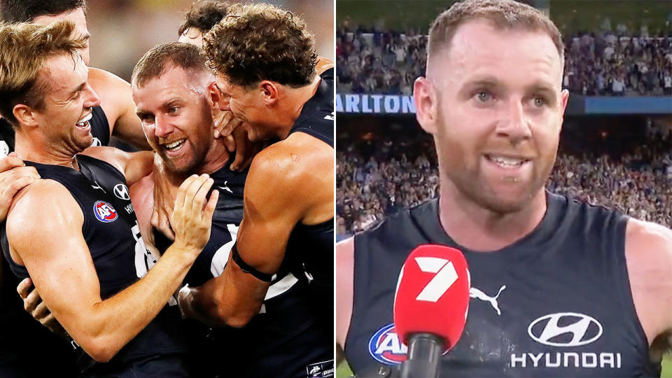 On the left, Carlton's Sam Docherty is mobbed by teammates after kicking a goal in his fairytale AFL return.