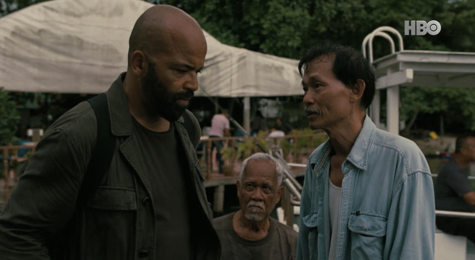 Jeffrey Wright (left) with Singaporean actors Tuen Wai Meng (right) and Salif Hardie on Pulau Ubin. 