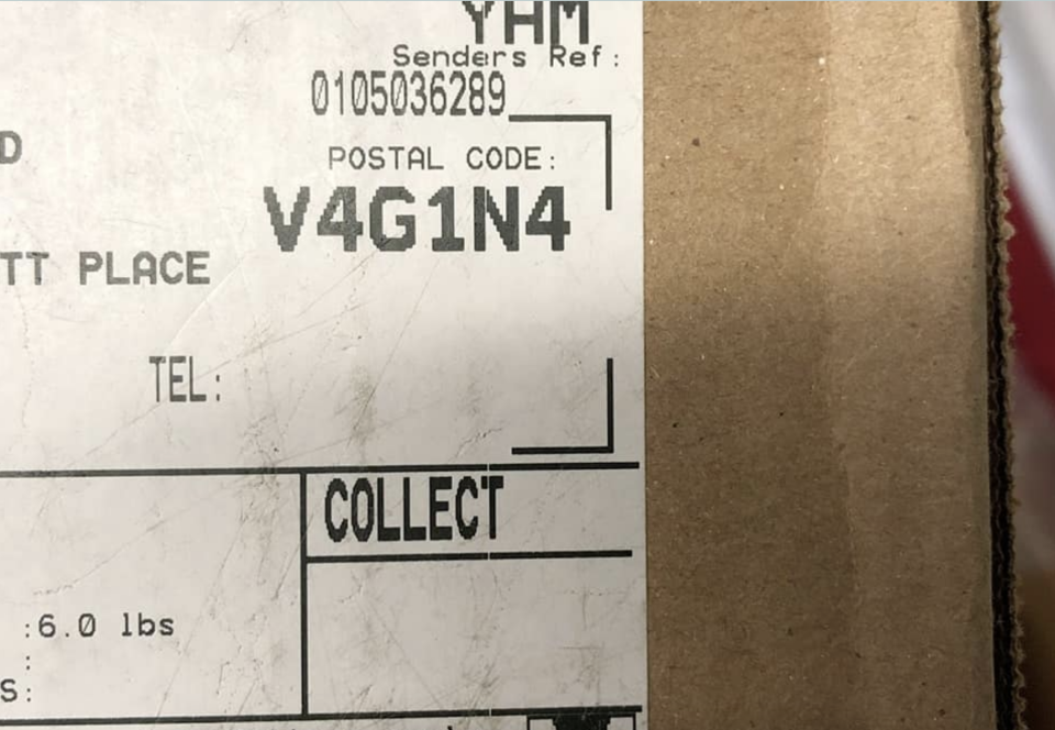 A shipping label with the sender's reference number 0105036289, postal code V4G1N4, and a marker note "COLLECT."