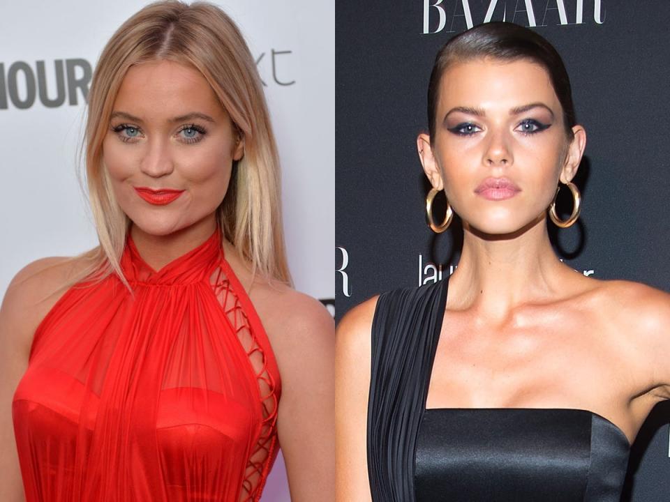 Laura Whitmore in a red dress during a photocall; Georgia Fowler in a black gown on the red carpet.