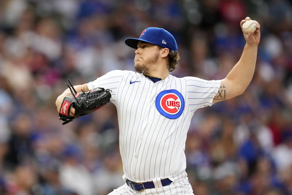 Chicago Cubs starting pitcher Justin Steele delivers during the first inning of a baseball game Tuesday, Aug. 1, 2023, in Chicago. (AP Photo/Charles Rex Arbogast)