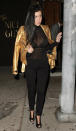 <p>The <i>Keeping Up with the Kardashians</i> star enjoyed a girls’ night out in West Hollywood, California, wearing a sheer black top, which she wore over a black bra and paired with black skinny jeans, black booties, and a metallic gold moto jacket.</p>