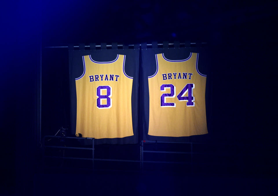 LOS ANGELES, CALIFORNIA - JANUARY 26: Kobe Bryant's jerseys are seen at the 62nd Annual GRAMMY Awards on January 26, 2020 in Los Angeles, California. (Photo by John Shearer/Getty Images for The Recording Academy)