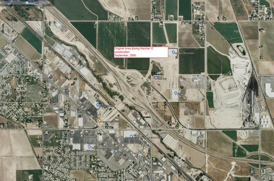 The 2006 map shows the area where ITD built the Karcher Interchange. In a 2006 Idaho Statesman article, the newspaper reported that the interchange “raises hopes for new stores.”