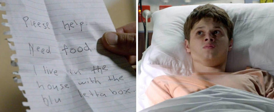 L: Handwritten letter on Home and Away. R: Andrew in hospital on Home and Away