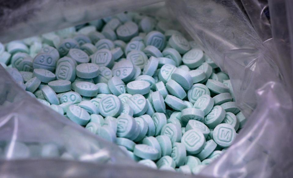 A bag of fentanyl pills is photographed in this file photo from 2021.