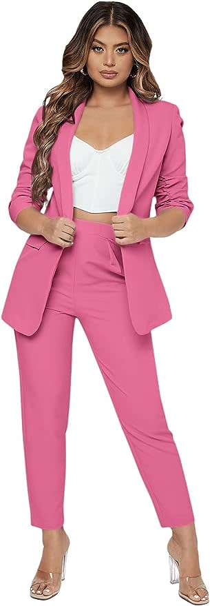 SweatyRocks Women's 2 Piece Solid Ruched Sleeve Blazer and Pants Business Office Suit Set