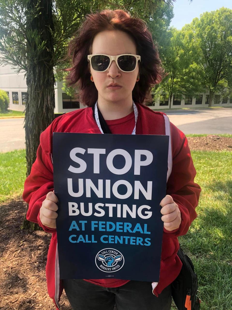 Maximus call center employee James Weir of Richmond on strike in Chester, Va.